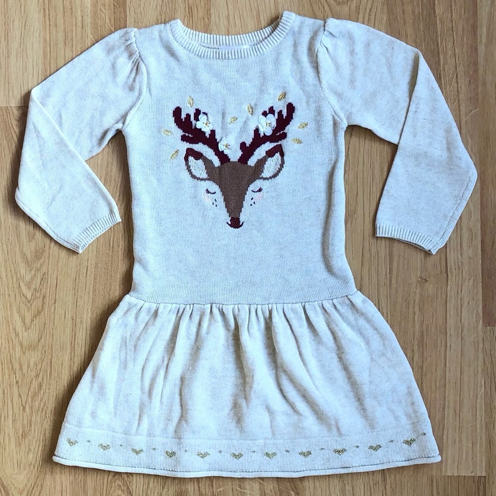 EUC Cre8ions Baby Girl Sweater Dress-Cream with Deer, Flowers + Metallic Hearts